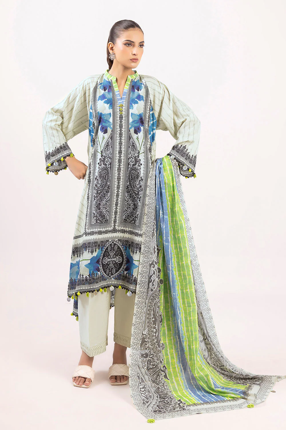 Printed-Zari-Stripe-Dupatta-Printed-Self-Jacquard-Shirt-Dyed-Trouser-Gulahmed-SP-52089-Front-White